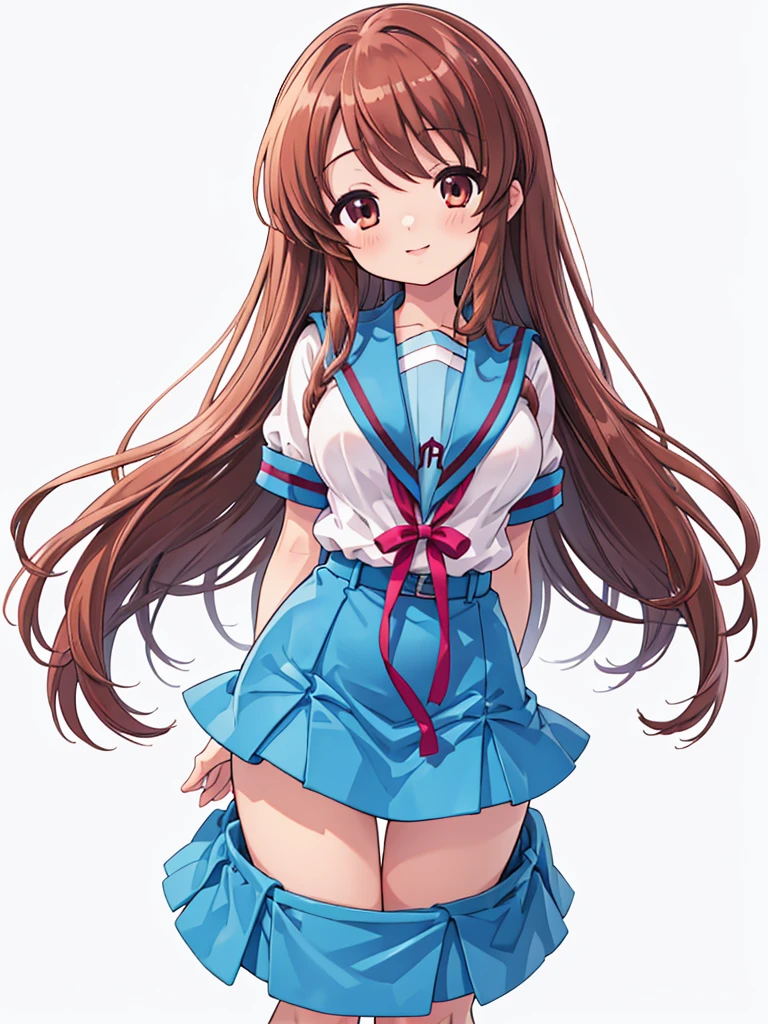 mikuru1, 1girl, asahina mikuru, Smile, long hair, shiny hair, kita high school uniform, solo, blue sailor collar, serafuku, blue skirt, short sleeves, red ribbon, large breasts, arms behind back, Blush, simple background