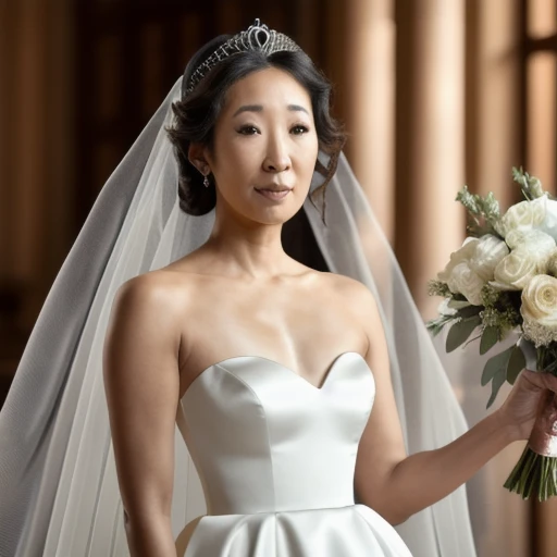 RAW photo, Sandra oh, wearing a white satin ballgown wedding dress with long veil, elbow gloves, tiara, holding bouquet, at altar, (masterpiece), best quality, expressive eyes, perfect face, good hands, best hands, detailed, high quality, high resolution. 8k, (high detailed skin:1.2), 8k uhd, dslr, soft lighting, high quality, film grain, Fujifilm XT3 