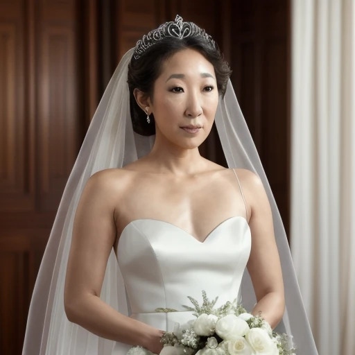 RAW photo, Sandra oh, wearing a white satin ballgown wedding dress with long veil, elbow gloves, tiara, holding bouquet, at altar, (masterpiece), best quality, expressive eyes, perfect face, good hands, best hands, detailed, high quality, high resolution. 8k, (high detailed skin:1.2), 8k uhd, dslr, soft lighting, high quality, film grain, Fujifilm XT3 