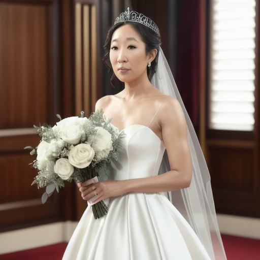 RAW photo, Sandra oh, wearing a white satin ballgown wedding dress with long veil, elbow gloves, tiara, holding bouquet, at altar, (masterpiece), best quality, expressive eyes, perfect face, good hands, best hands, detailed, high quality, high resolution. 8k, (high detailed skin:1.2), 8k uhd, dslr, soft lighting, high quality, film grain, Fujifilm XT3 