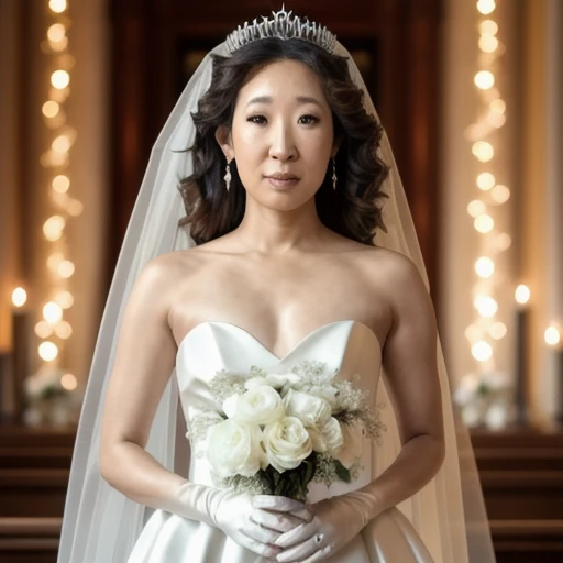 RAW photo, Sandra oh, wearing a white satin ballgown wedding dress with long veil, elbow gloves, tiara, holding bouquet, at altar, (masterpiece), best quality, expressive eyes, perfect face, good hands, best hands, detailed, high quality, high resolution. 8k, (high detailed skin:1.2), 8k uhd, dslr, soft lighting, high quality, film grain, Fujifilm XT3 