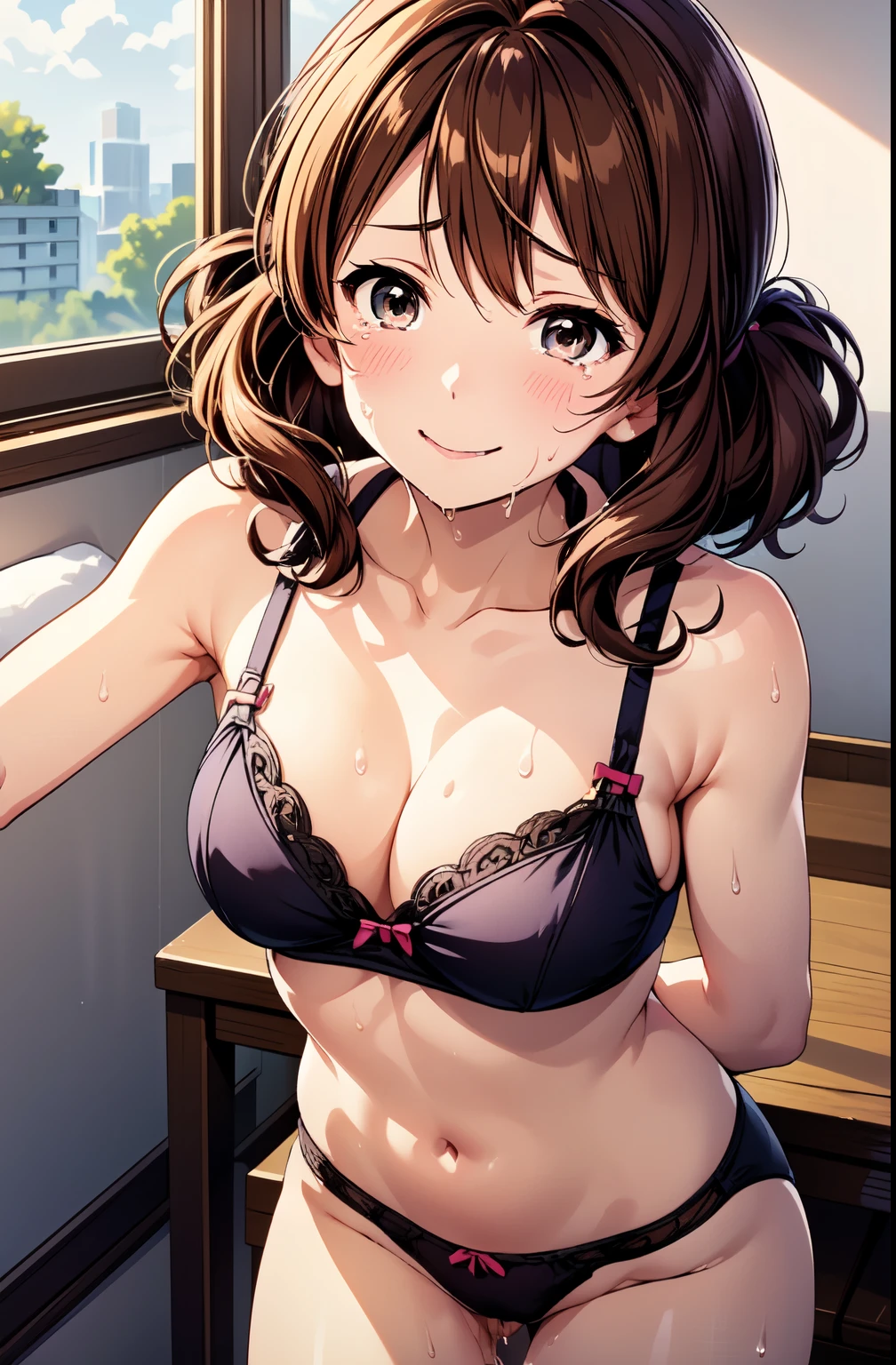 ((Tabletop, highest quality, High resolution, , Perfect Pixel, 4K,))), 1 female teacher, single, alone, beauty、The whole body is visible、 ((Mid-wave hair, bangs, Brown Hair)), ((Brown eyes, Beautiful eyelashes, Realistic eyes)), ((Detailed face, Blushing:1.2)), ((Smooth texture:0.75, Realistic texture:0.65, Realistic:1.1, Anime CG Style)), Medium Chest, Dynamic Angle, Perfect body, (( , ,  , 、)), sit at a desk in the classroom、necklace、Earrings、No bra、Cover your chest with your arms、Transparent nipples、Very embarrassing panic smile, 、Spread your legs、(White and pink floral lace panties、Bring your chest together with your arms、、Dark blue pleated skirt)、Angle from below)、