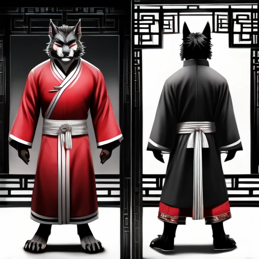 Chinese-style werewolf character model sheet、 depicting the same character from 3 angles,