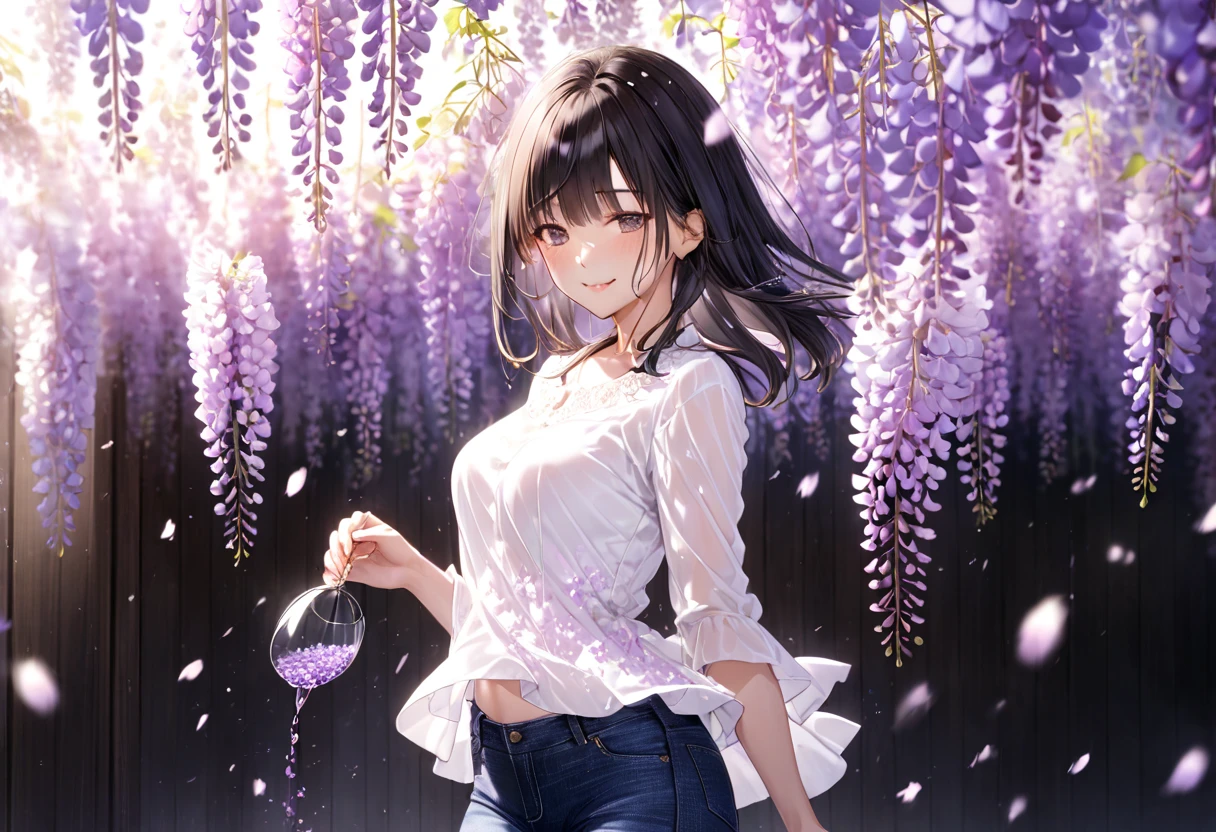  Pouring Wisteria Flower Petals(( motion blur:2.0 , Wisteria Flower Filter Effect :3.0 ,  Background Blurred )) , Woman Standing Black Hair "Haruna"( wearing a white blouse and tight jeans) , Alone , Looking at me with a gentle expression 