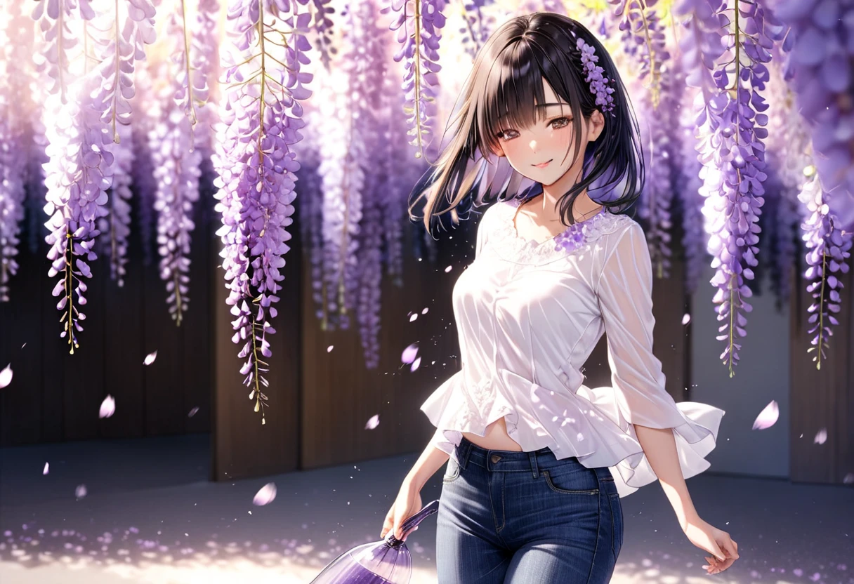  Pouring Wisteria Flower Petals(( motion blur:2.0 , Wisteria Flower Filter Effect :3.0 ,  Background Blurred )) , Woman Standing Black Hair "Haruna"( wearing a white blouse and tight jeans) , Alone , Looking at me with a gentle expression 