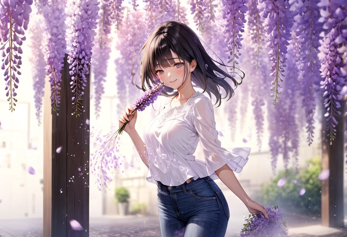  Pouring Wisteria Flower Petals(( motion blur:2.0 , Wisteria Flower Filter Effect :3.0 ,  Background Blurred )) , Woman Standing Black Hair "Haruna"( wearing a white blouse and tight jeans) , Alone , Looking at me with a gentle expression 