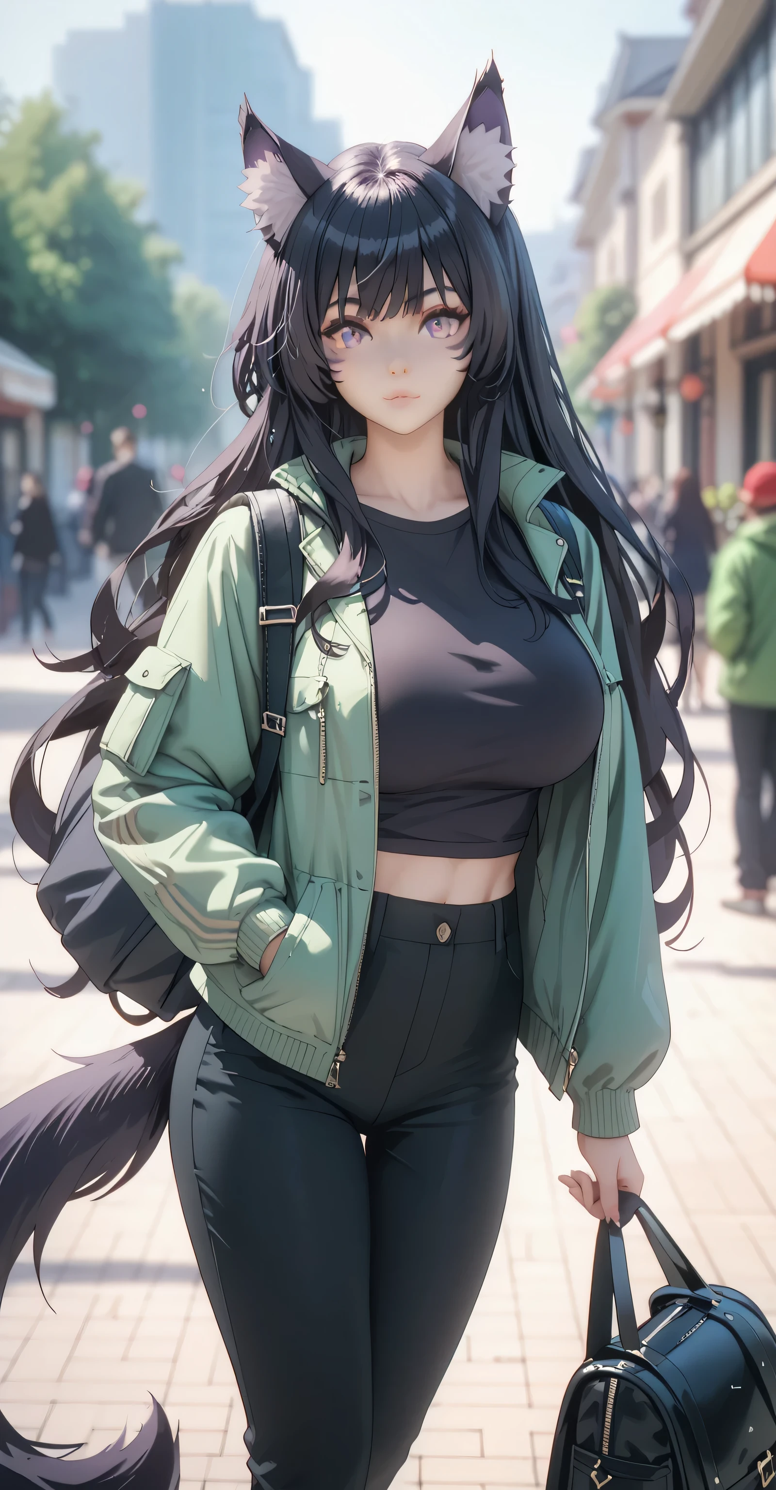 Tall girl, Fit girl,score_9, score_8_up, score_7_up, score_6_up, uncensored, delta, delta from eminence in shadow, long hair, black hair, animal ears, purple eyes, cat ears, animal ear fluff, facial mark,huge breast, tail fluff, black_hair, pants, 1girl, jacket, black_pants, bag, solo_focus, long_hair, holding, shirt, black_shirt, looking_at_viewer, backpack, green_jacket, standing, closed_mouth, blurry_background, blurry, lips, feet_out_of_frame, long_sleeves, open_clothes