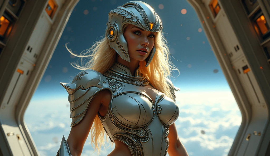 blond woman in a blue dress standing in front of a huge explosion, rossdraws and boris vallejo, heavy metal the movie, ornate gilded cosmic machine, doom ii, glenn barr, brass semi - mechanical woman, boxart, protagonist in foreground, barbarella, galactic deity --auto --s2