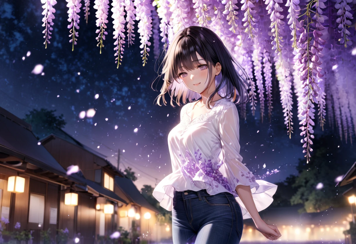 Wisteria flower petals pouring down at night(( motion blur:2.0 , Wisteria Flower Filter Effect :3.0 ,  Background Blurred )) , Woman Standing Black Hair "Haruna"( wearing a white blouse and tight jeans) , Alone , Looking at me with a gentle expression 