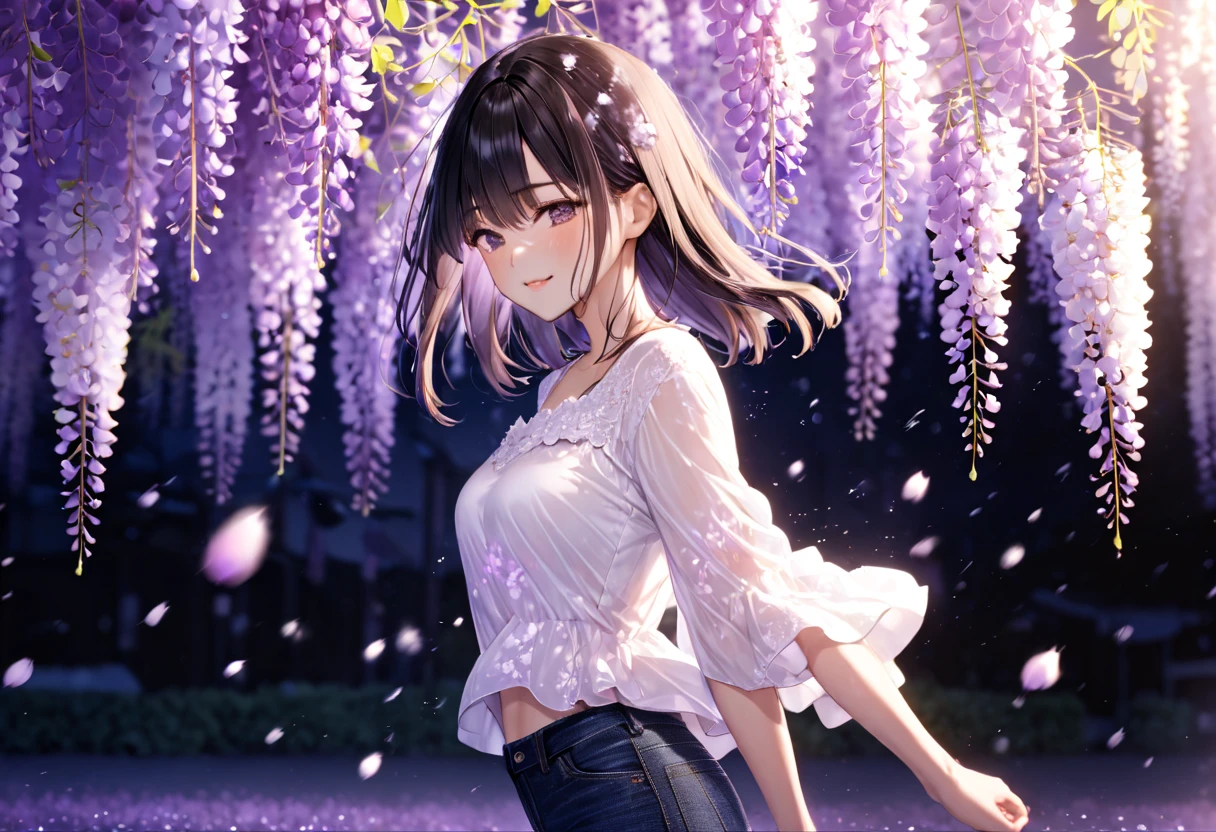 Wisteria flower petals pouring down at night(( motion blur:2.0 , Wisteria Flower Filter Effect :3.0 ,  Background Blurred )) , Woman Standing Black Hair "Haruna"( wearing a white blouse and tight jeans) , Alone , Looking at me with a gentle expression 