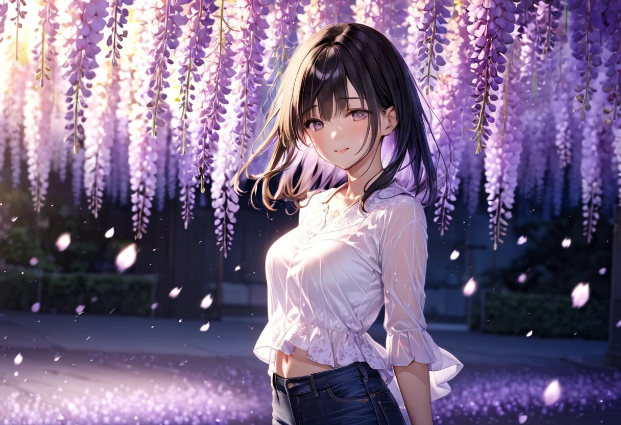 Wisteria flower petals pouring down at night(( motion blur:2.0 , Wisteria Flower Filter Effect :3.0 ,  Background Blurred )) , Woman Standing Black Hair "Haruna"( wearing a white blouse and tight jeans) , Alone , Looking at me with a gentle expression 