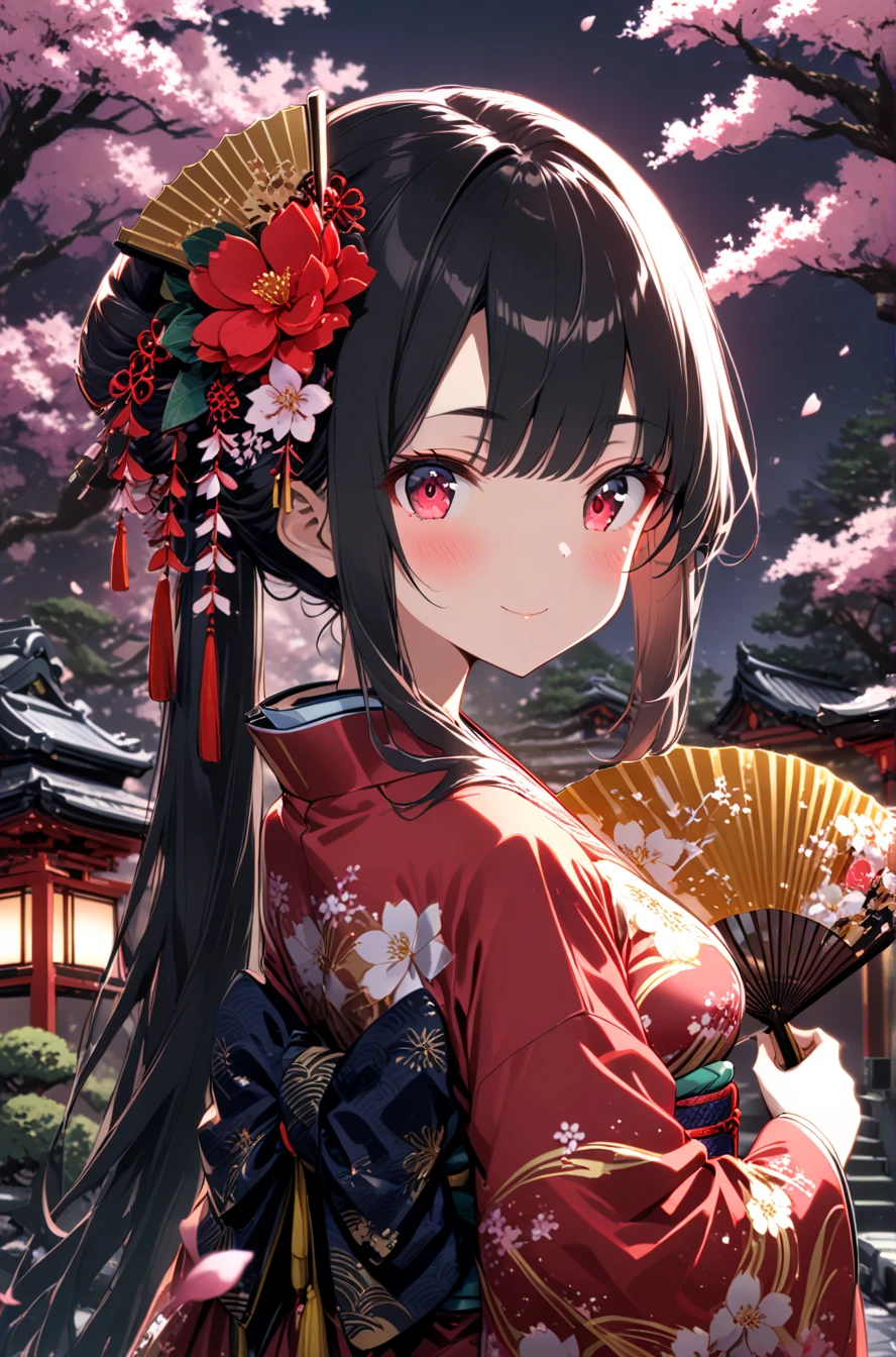 1girl, solo,long_hair, oriental_fan, fan, holding_fan,flower,hair_ornament, petals, japanese_clothes, looking_at_viewer, kimono, wide_sleeves, very_long_hair, hair_flower, flower, eyebrows_visible_through_hair, red_eyes, bangs, black_hair, long_sleeves, closed_mouth, floral_print,  sidelocks, smile, looking_back, blush, holding_fan, folding_fan, night, paper_fan, breasts, pink_eyes, dark_background, backlighting, blurry,  ribbon, depth_of_field, upper_body, print_kimono, cherry_blossoms,bonsai_tree,senbonzakura