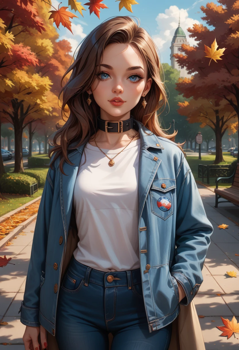  A stop in a park in autumn ,  long brown hair,  blue eyes looking at the spectator,  wearing a white shirt , open coat, collar, jewelry, jeans,  red nail polish , hand in pocket, shirt with print, jeans jacket, trees and leaves falling in the background 