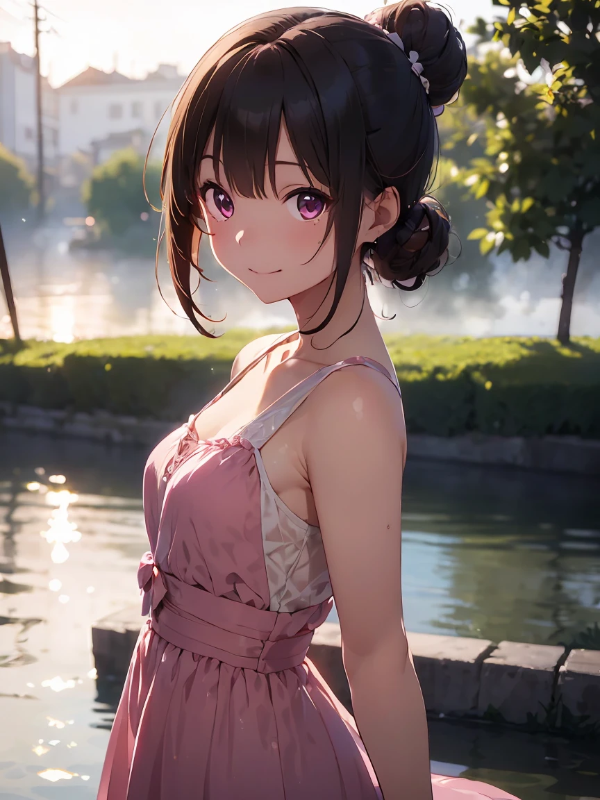     HIGH DEFINITION  ,In 8K,  best quality ,  Details, semi-realistic anime , D-anime style ,  Smooth Anime CG  ,  one girl who is at ease,   19-year-old Japanese woman , ((Beauty)),  slim,modeling,((Sparkling Eyes)),(( bun hair)),((Put your hair together at the back)),(( ballerina dress costume )),(( Maroon Sparkling Hair )),  pink lips,  Shiny Brown Hair ,  Detailsな顔,Beautiful and   Details,,((深い青紫色のSparkling Eyes)),((Shut your mouth.)),(Smile),(( on the banks of the river in the morning fog )),(( humid )),(( beautiful white birch grove on the other side )),(((Looking at the surface of the water ))),(( beautiful light up bokeh background )),((Transparency)),((( facing straight to the side ))),((Don&#39;t look at the camera)),