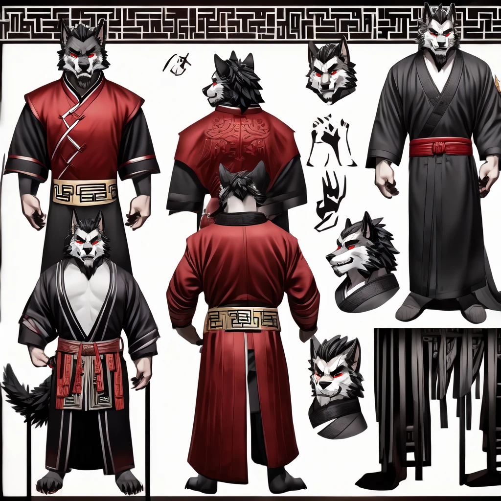 Chinese-style werewolf character model sheet、 depicting the same character from 3 angles,