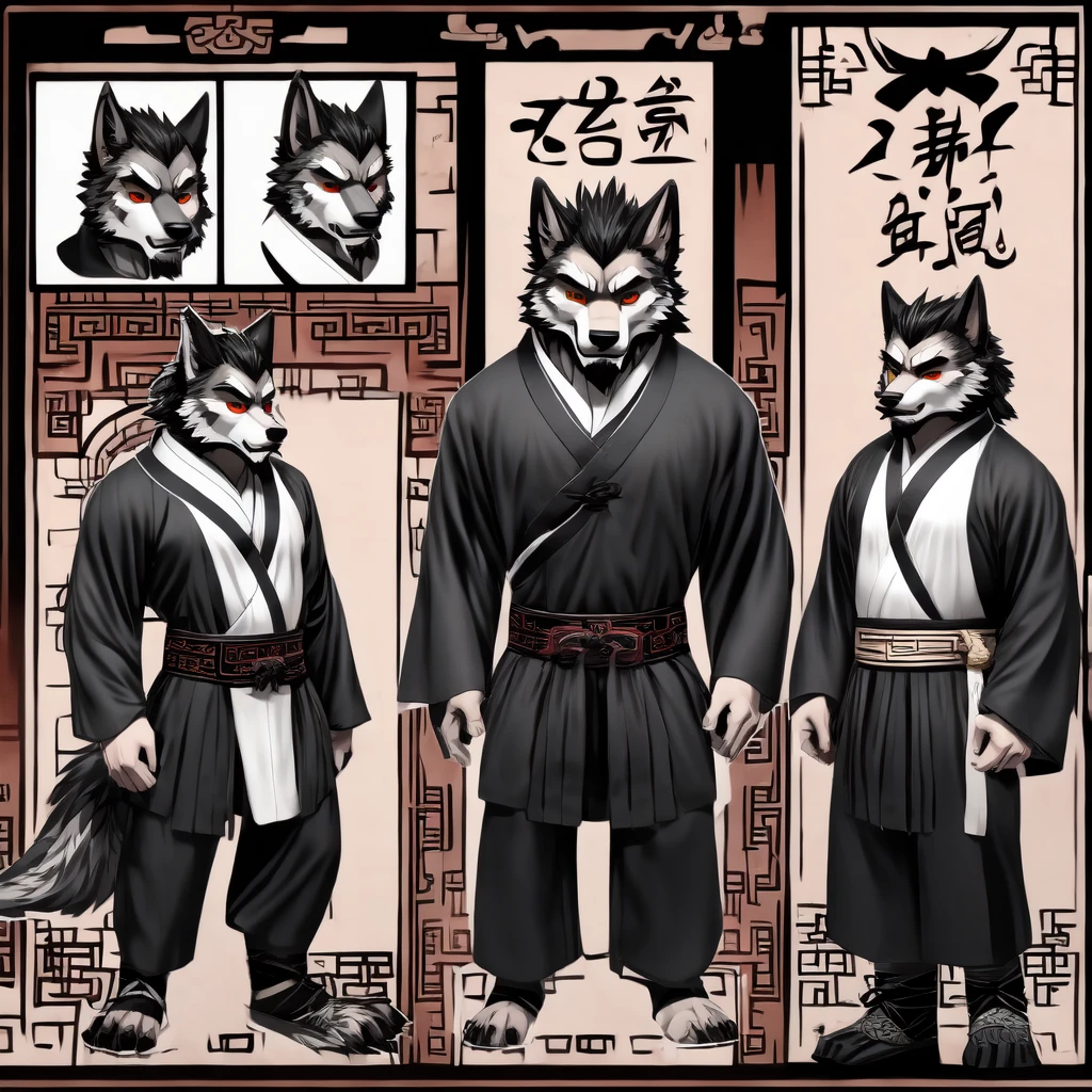 Chinese-style werewolf character model sheet、 depicting the same character from 3 angles,