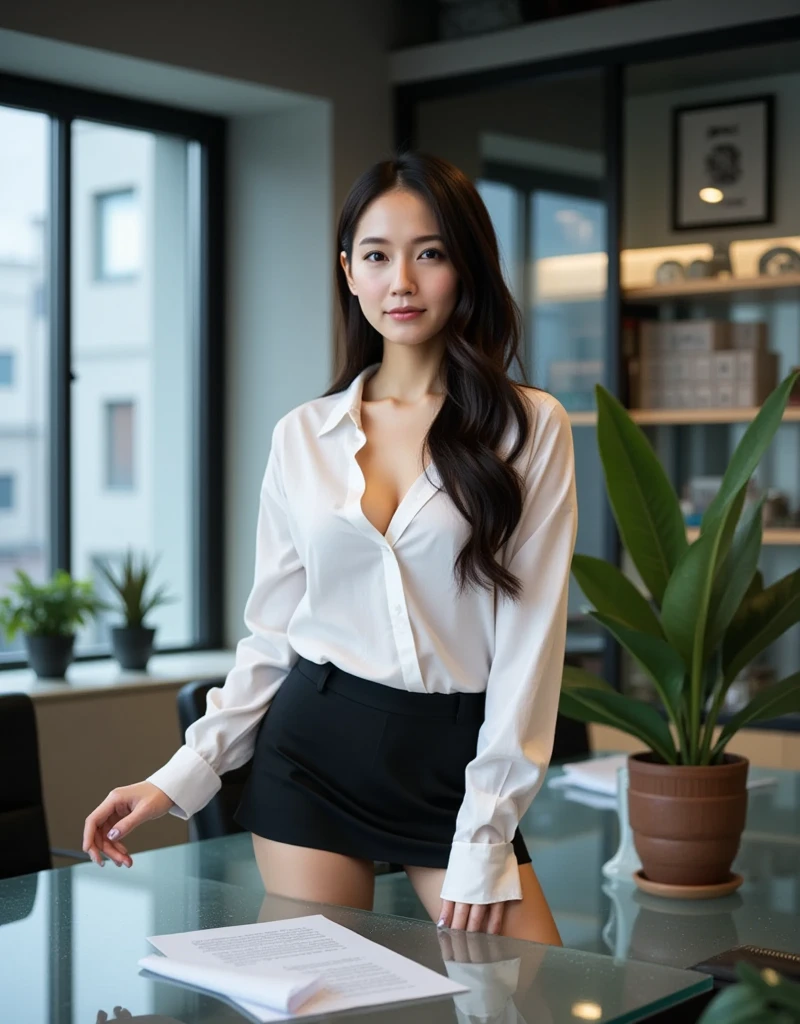 ((best quality)), ((masterpiece)), detailed, realistic, Thai babe 25 years old in the office, black skirt, white shirt, long hair, tanned skin, perfect face and body, enhanced breasts, necklace, jewelry, navel piercing, subtle makeup, charming smile