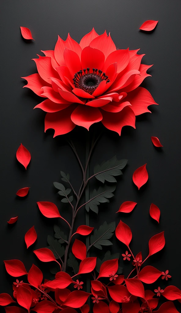 A one-of-a-kind piece of illustration art, featuring jet black, paper cutouts, and countless falling red petals, masterpiece