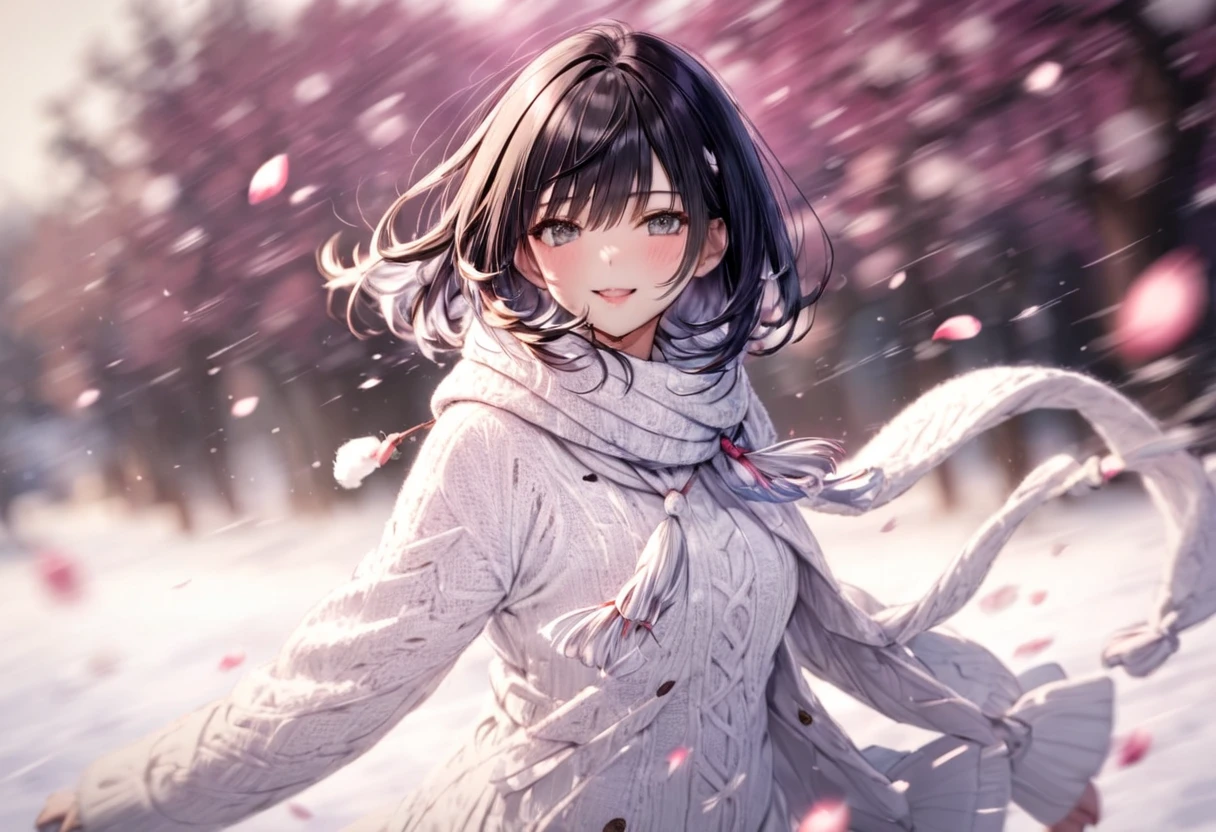  falling plum petals (( motion blur:2.0 , Plum filter effect :3.0 ,  Background Blurred )) , Woman Standing Black Hair "Haruna"( wearing white winter wear) , Alone , Looking at me with a gentle expression 