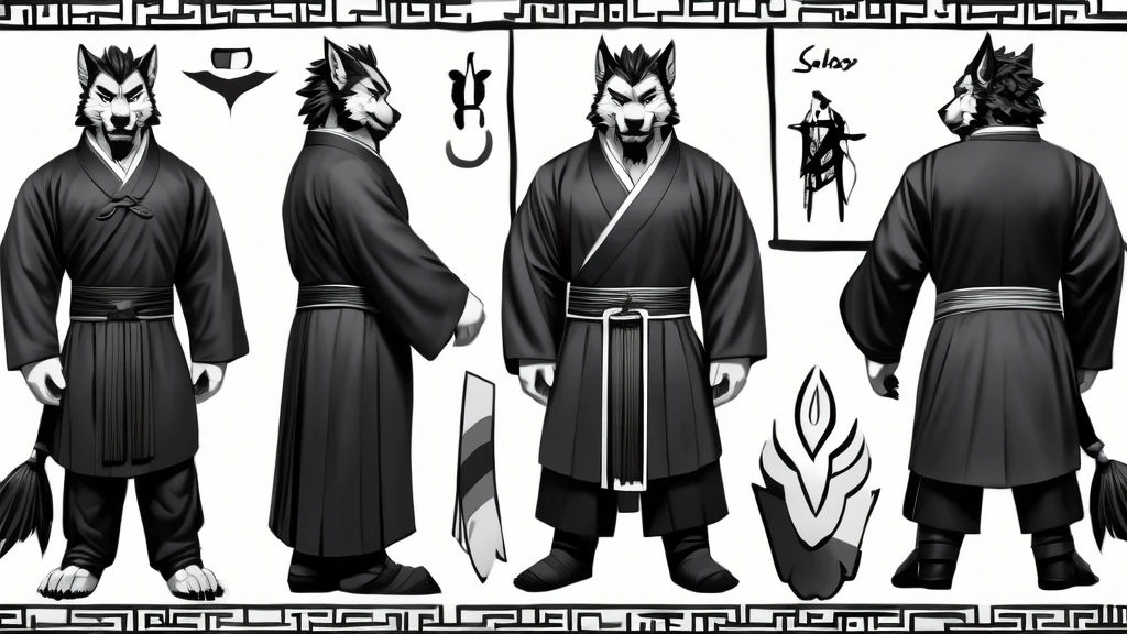  no background、Chinese-style werewolf character model sheet、 depicting the same character from 3 angles,