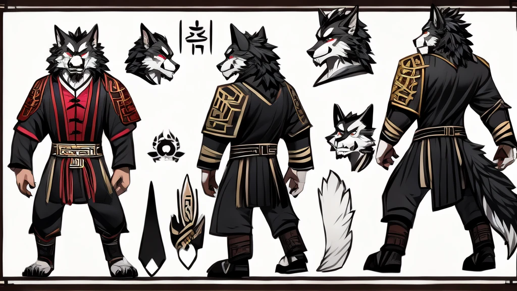  no background、Chinese-style werewolf character model sheet、 depicting the same character from 3 angles,