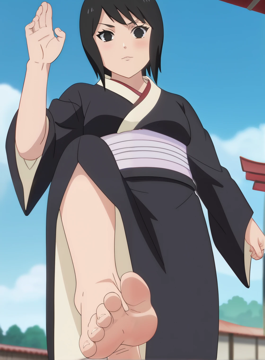 Score_9, score_8_up, source_anime, 1girl, Shizune, looking at viewer, big eyes, black eyes, straight hair, long bluish-black kimono with white trimmings, white obi, in her home, standing, lifting one leg to show her soles, cowboy shot, ANIME SCREENCAP, anime coloring, barefoot, perfect feet, anatomically correct, soles, low angle, focal length 35mm, each foot has five toes, front, symmetrical soles, foot focus,