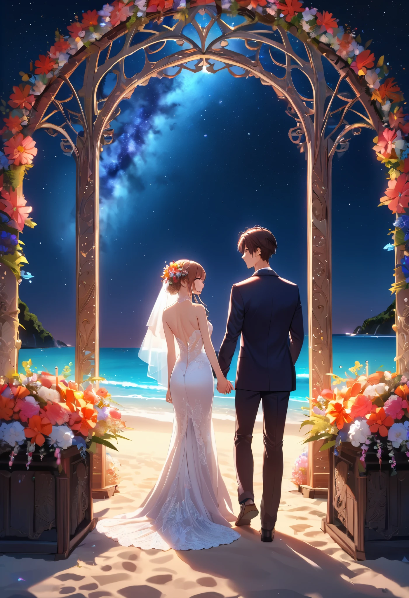  Wedding Ceremony ,  1girl, 1 guy, hold hands, Beautiful Altar ,  Filigree Flower Arch, bright color,  Complex details ,  Background Mystic Beach , night sky, stars, masterpiece, 8 k, Complex Processing,  Maximum Quality ,  Perfect Anatomy , 