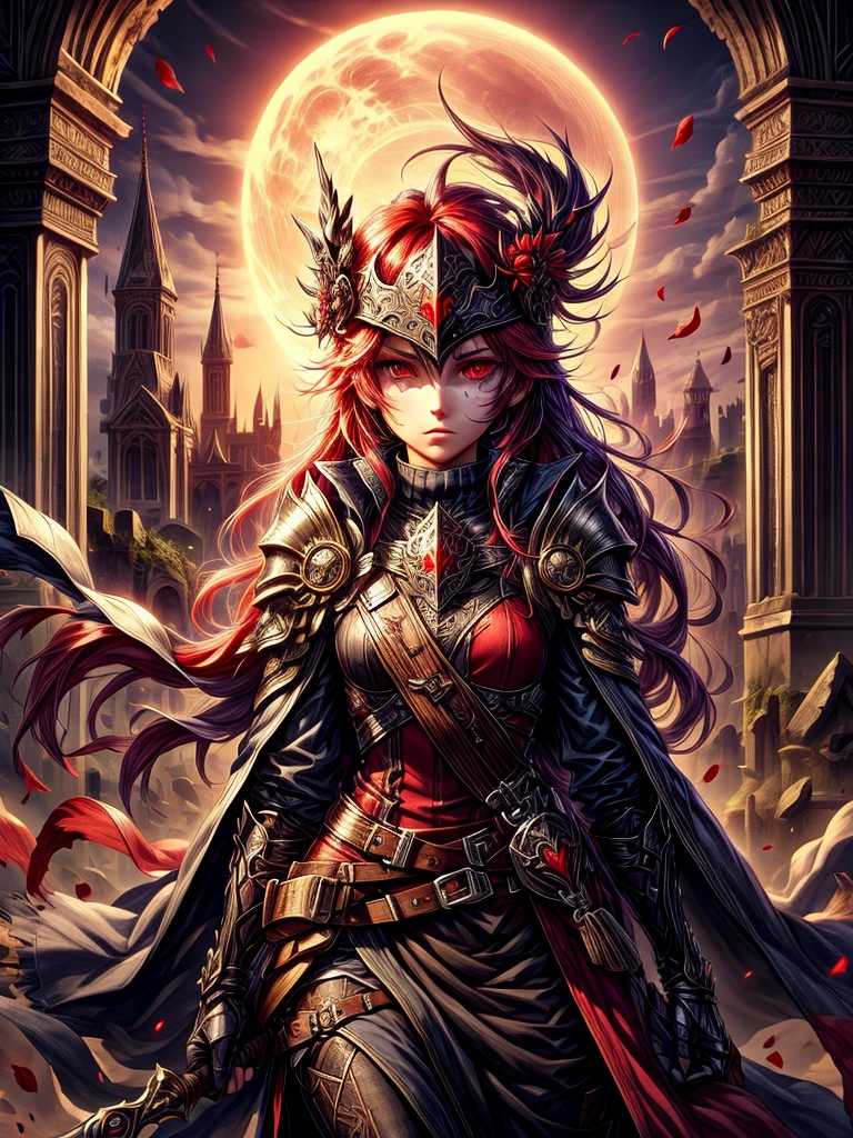 Female alchemist of the dark bright scarlet red eyes in mask with medieval ruins in the moonlight background