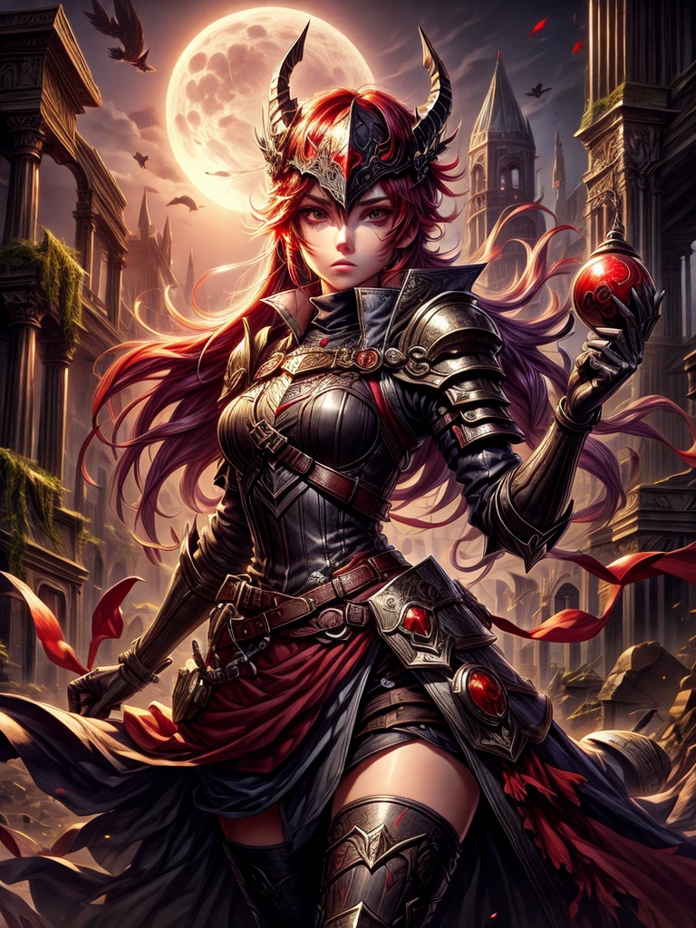 Female alchemist of the dark bright scarlet red eyes in mask with medieval ruins in the moonlight background