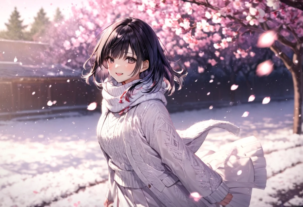  falling plum petals (( motion blur:2.0 , Plum filter effect :3.0 , backgroundぼかし)) , Woman Standing Black Hair "Haruna"( wearing white winter wear) , Alone , Looking at me with a gentle expression  , background:Plum garden