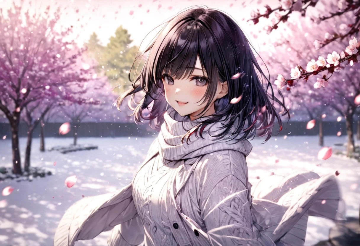  falling plum petals (( motion blur:2.0 , Plum filter effect :3.0 , backgroundぼかし)) , Woman Standing Black Hair "Haruna"( wearing white winter wear) , Alone , Looking at me with a gentle expression  , background:Plum garden