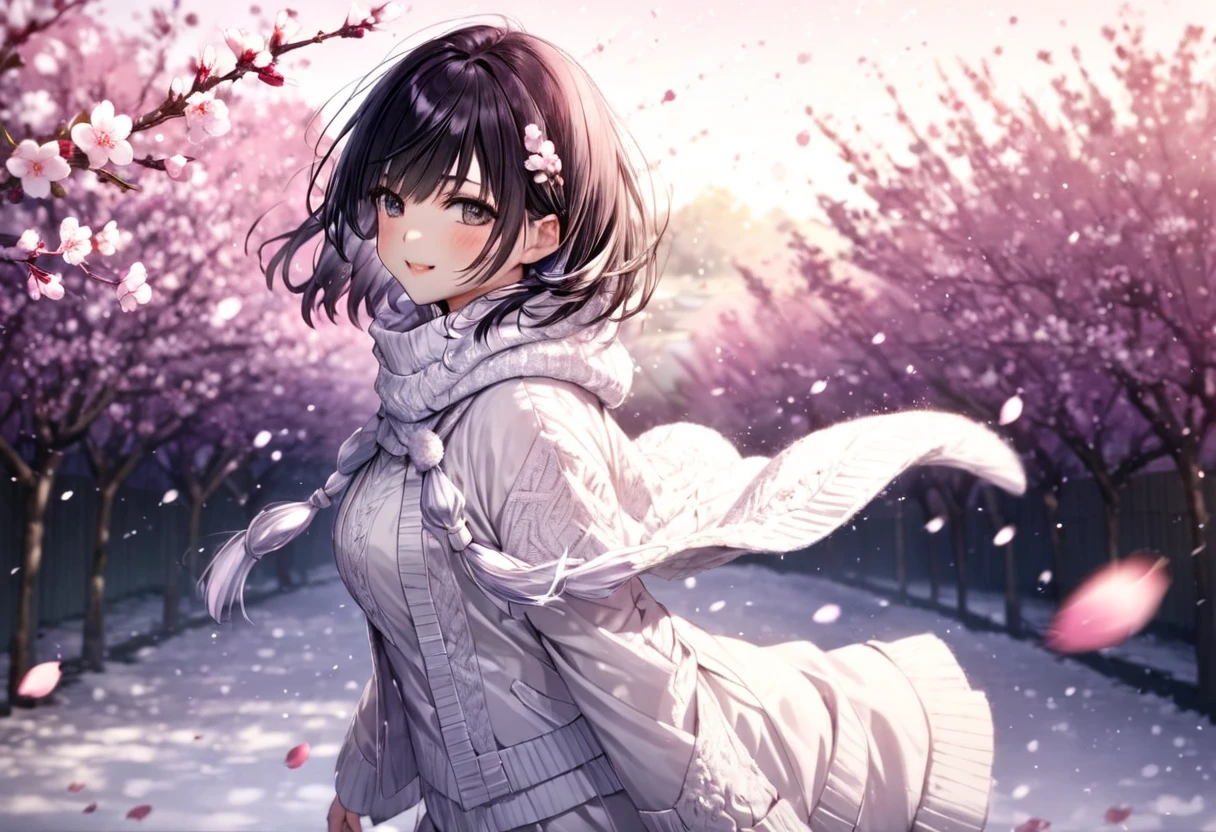  falling plum petals (( motion blur:2.0 , Plum filter effect :3.0 , backgroundぼかし)) , Woman Standing Black Hair "Haruna"( wearing white winter wear) , Alone , Looking at me with a gentle expression  , background:Plum garden