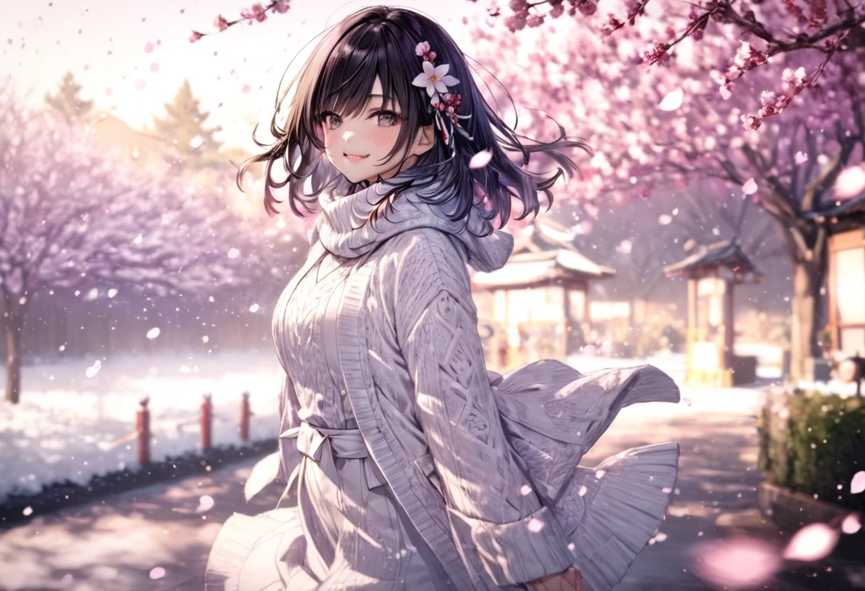  falling plum petals (( motion blur:2.0 , Plum filter effect :3.0 , backgroundぼかし)) , Woman Standing Black Hair "Haruna"( wearing white winter wear) , Alone , Looking at me with a gentle expression  , background:Plum garden