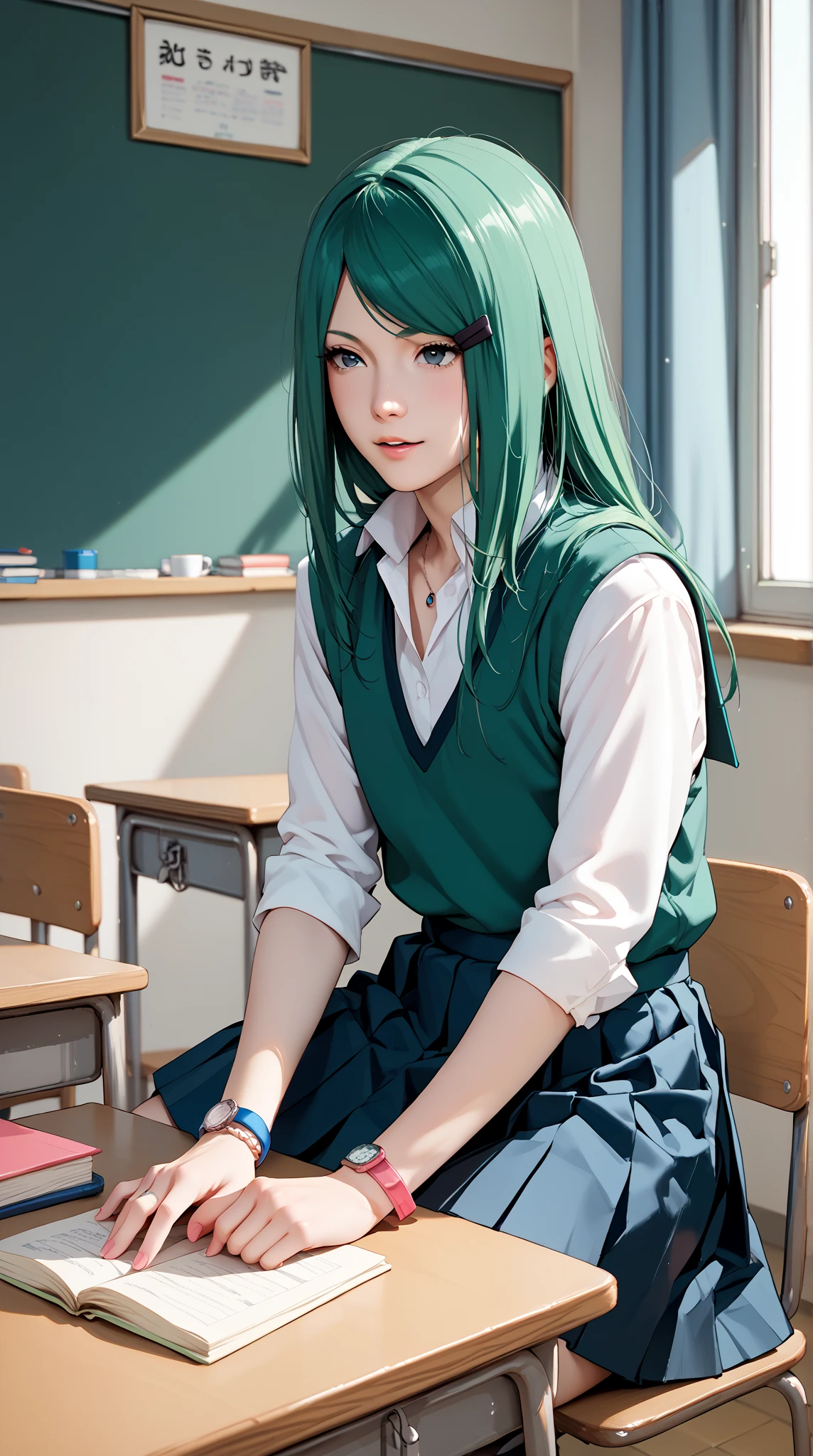 Kushina Uzumaki, In a school uniform, he sits on a desk.