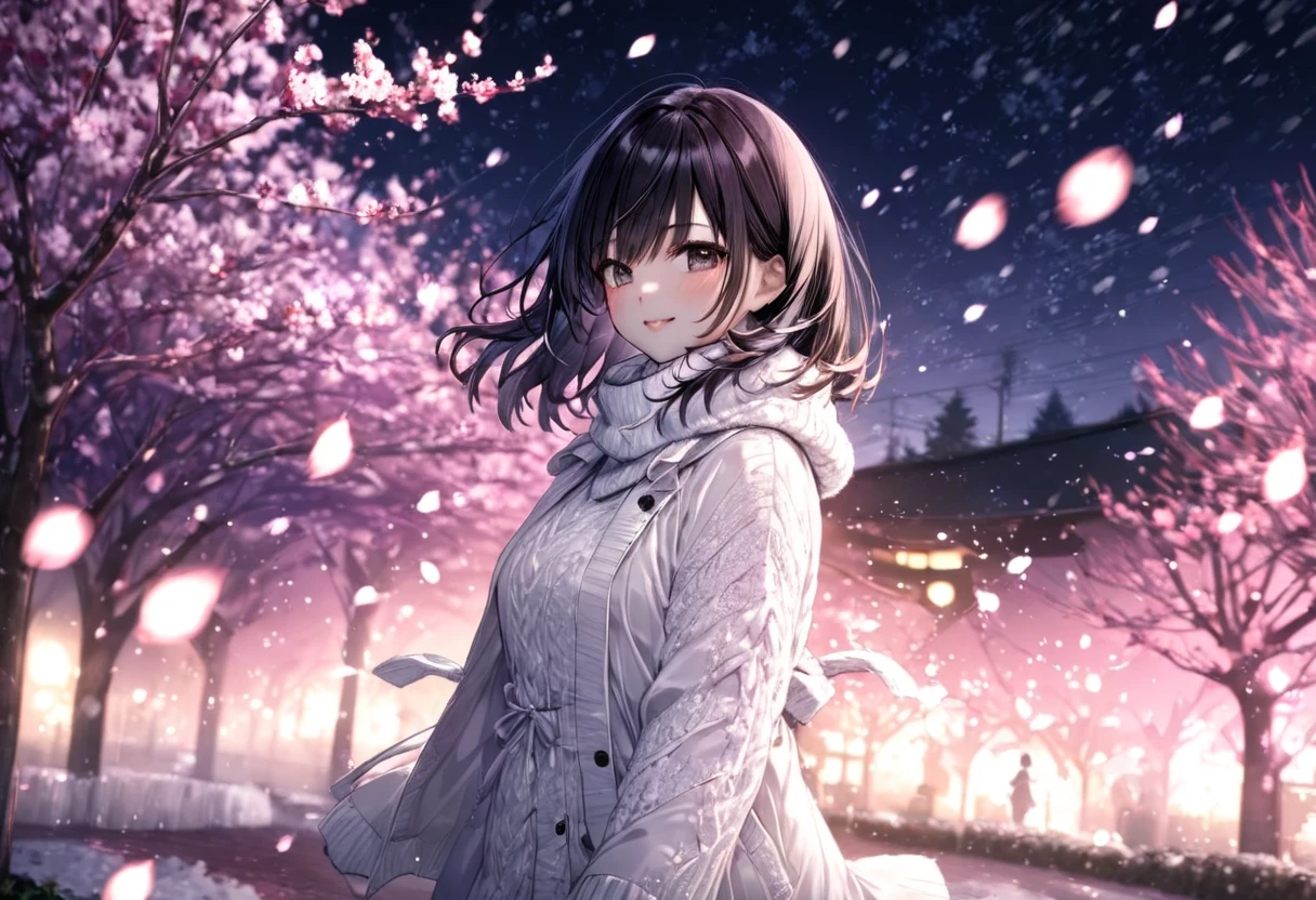  falling plum petals (( motion blur:2.0 , Plum filter effect :3.0 , backgroundぼかし)) , Woman Standing Black Hair "Haruna"( wearing white winter wear) , Alone , Looking at me with a gentle expression  , background:Plum garden at night