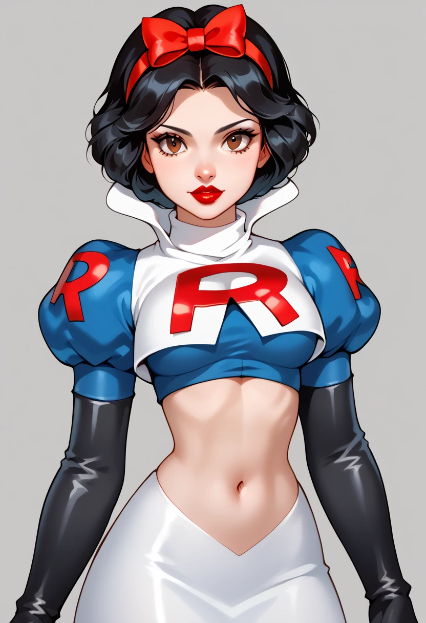 1 , Alone,    Snow White ,  short hair,  black hair, straight hair, bow,  brown eyes , lipstick, red lipstick, pale skin, hair bow, hairband, Team Rocket,Team Rocket uniform,White skirt,red letter R,crop top, black tights ,black elbow gloves cowboy shot,  looking at the viewer,