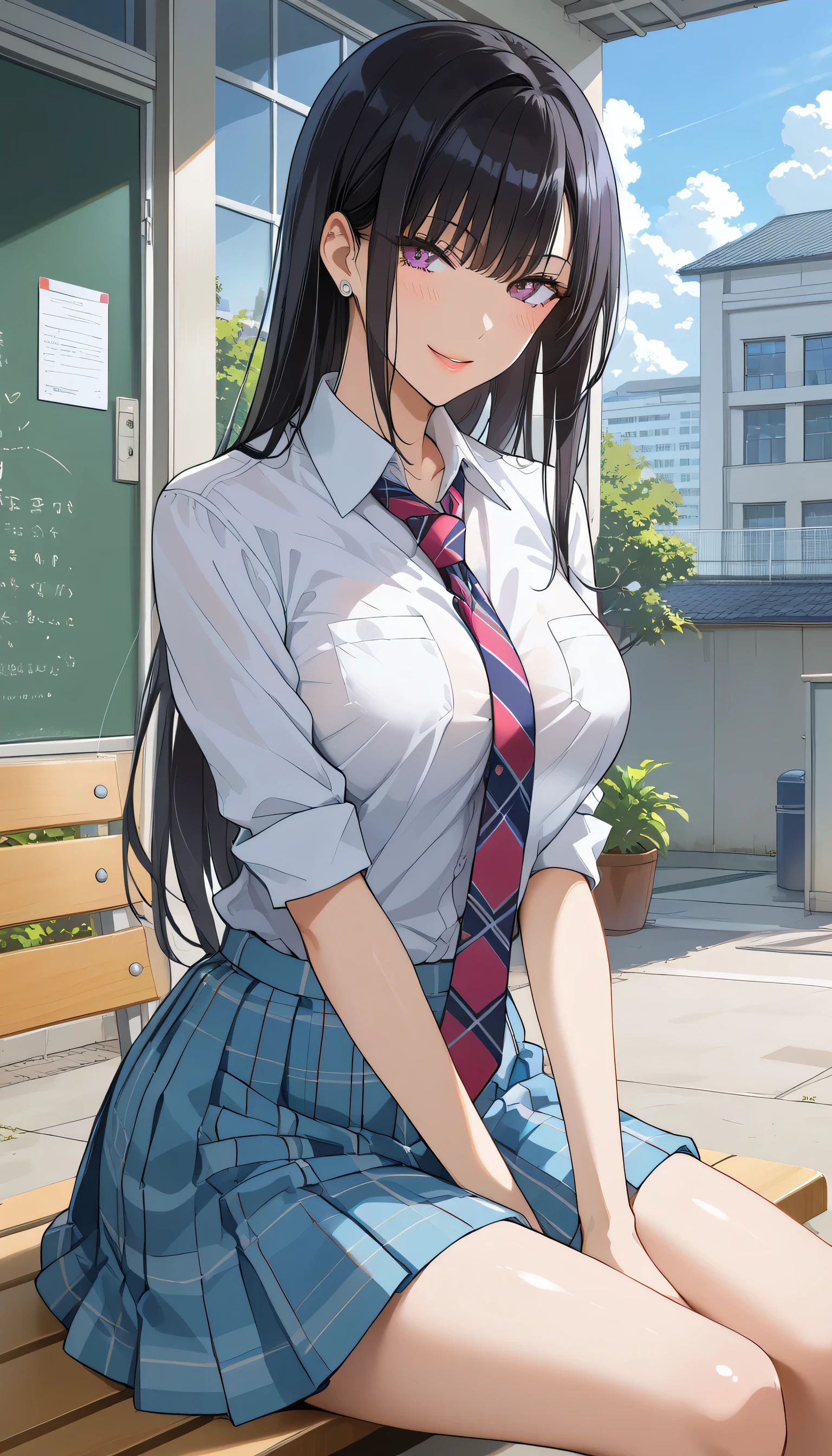 School、 is smirking、Inside the school building、corridor、 score_9,  score_8_up,  score_7_up,  source_Anime,masterpiece, Wicked Smile 、 suspicious smile、 best quality, BEAUTIFUL AND DETAILED EYES ,  beautiful detailed lips、Aggressive look、 very detailed eyes and face ,、 long breasts, 1 female,、 high school girl、Matte Clothes 、 plaid skirt for sitting in a yuka、Big saggy breasts, shockingly  Big Breasts ,  Big Breasts ,  at school or behind the school building、Outside the school building 、 no makeup、 black hair、 long hair、Aggressive face、Kitchen Disorders 、、As planned 、 taken from behind 、Gal-like pose、 turn your back、 gym sitting 、床に gym sitting 、checkered necktie、 gym sitting の女の子