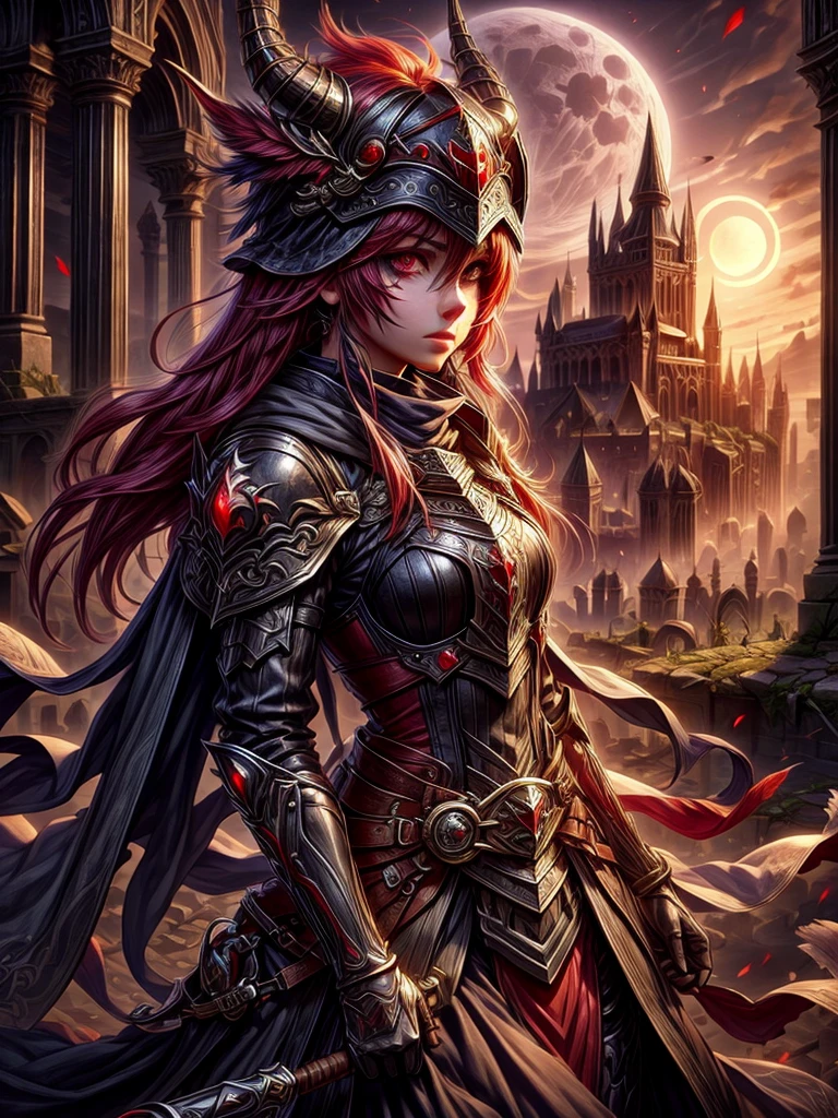 Female alchemist of the dark bright scarlet red eyes in mask with medieval ruins in the moonlight background