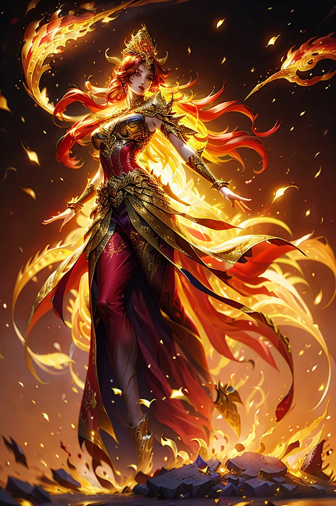 a medium-sized portrait, standing front view of a woman with long, red hair stands in front of a backdrop of orange and yellow flames. The woman's face is adorned with a red heart, adorned with gold embroidery, and a gold crown. She is dressed in a red and silver corset, adorned by a gold belt and a two split skirt. Her arms are adorned with golden crowns, adding a touch of contrast to her outfit. Her eyes are a piercing red, while her hair is a vibrant shade of red. Her hair is cascading down her shoulders, adding depth to the overall composition.