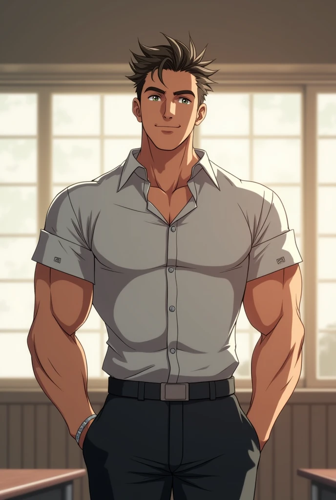 best quality, masterpiece, extremely detailed, handsome muscular young man, skinny build, messy curtain bangs, thick-rimmed glasses, fitted college uniform, bulging, penis outline, standing in front of classroom, empty blackboard in the background, tilts head adorably, very innocent smile, gay, homoerotic, romantic atmosphere, ambient lighting, extremely dramatic shadows, perfection, no watermark, no logo, no signature
