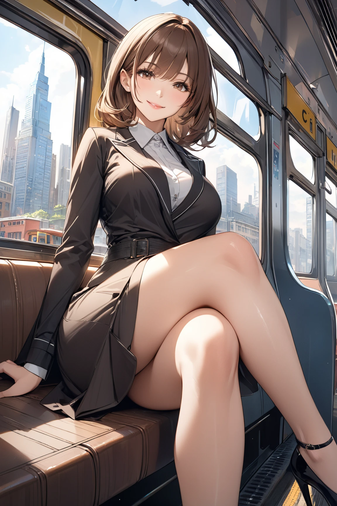 masterpiece, Highest quality, Absurd, Perfect Anatomy, Beautiful background, Beautiful Face, Beautiful body, One person、(Portraiture、from the front)(Lace panties、High heels)Portraitureure、 ponytail、ribbon、smile、office lady、Gray office suit、(Sit on a bus stop bench)