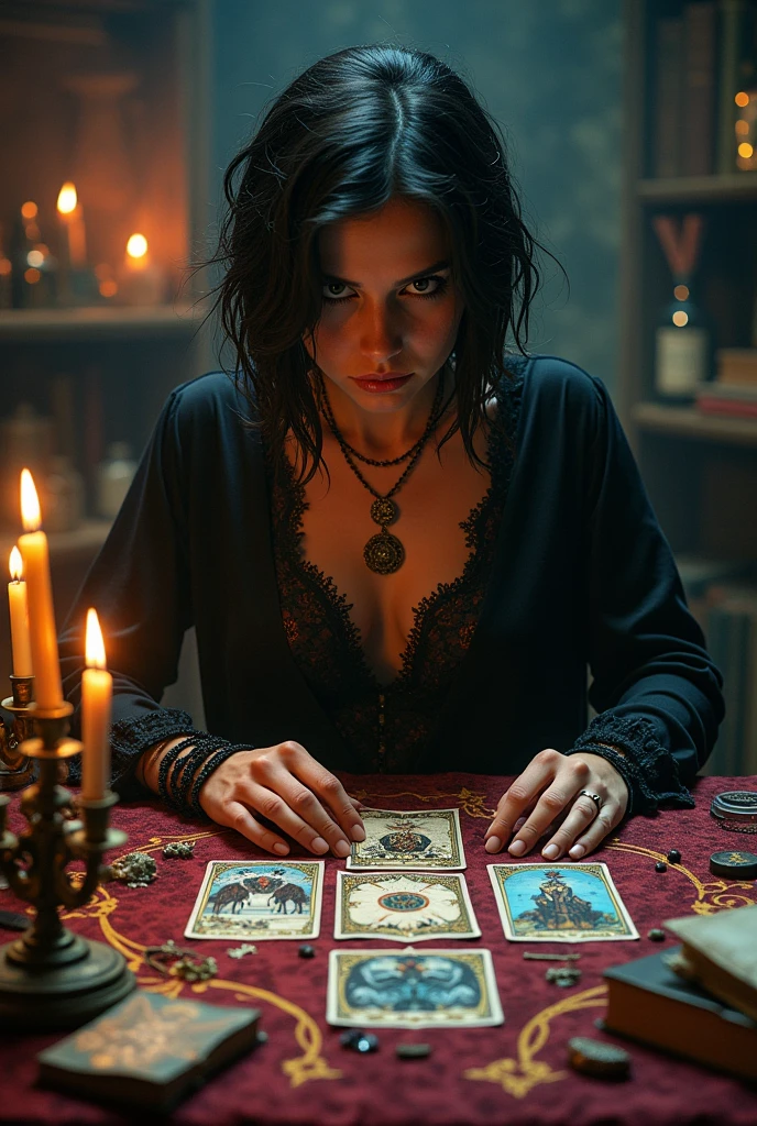 ((Masterpiece in maximum 16K resolution):1.6),((soft_color_photograpy:)1.5), ((Ultra-Detailed):1.4),((Movie-like still images and dynamic angles):1.3). | (Macro shot cinematic photo of Tarot Cards at Tarot table), (Fortune teller reading Tarot card), (Fortune teller room), (focus on tarot cards), (macro lens), (Fortune teller ornaments), (Dark Candles), (luminous object), (Mysterious atmosphere), (shimmer), (aesthetic DnD vase), (visual experience),(Realism), (Realistic),award-winning graphics, dark shot, film grain, extremely detailed, Digital Art, rtx, Unreal Engine, scene concept anti glare effect, All captured with sharp focus. | Rendered in ultra-high definition with UHD and retina quality, this masterpiece ensures anatomical correctness and textured skin with super detail. With a focus on high quality and accuracy, this award-winning portrayal captures every nuance in stunning 16k resolution, immersing viewers in its lifelike depiction. | ((perfect_composition, perfect_design, perfect_layout, perfect_detail, ultra_detailed)), ((enhance_all, fix_everything)), More Detail, Enhance.