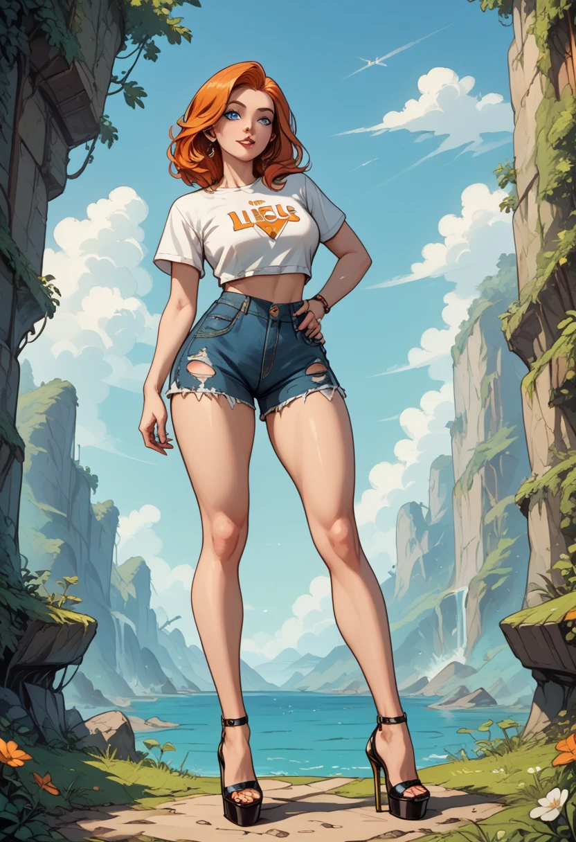 Nordic girl,  white pele,  medium-low height ,  medium orange hair , with rebellious fringe .   Bright and expressive blue eyes .  She was wearing ripped shorts ,  a shirt with a striking gold zipper.   high heels the most beautiful woman in the world , to hide. big hips. comic style