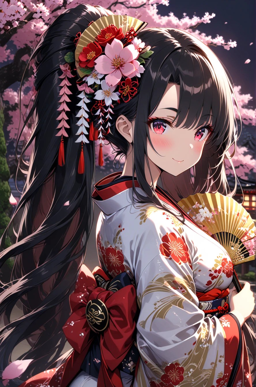 1girl, mature,solo,long_hair, oriental_fan, fan, holding_fan,flower,hair_ornament, petals, japanese_clothes, looking_at_viewer, kimono, wide_sleeves, very_long_hair, hair_flower, flower, eyebrows_visible_through_hair, red_eyes, bangs, black_hair, long_sleeves, closed_mouth, floral_print,  side locks, smile, looking_back, blush, holding_fan, folding_fan, night, paper_fan, breasts, pink_eyes, dark_background, backlighting, ribbon, depth_of_field, upper_body, print_kimono, cherry_blossoms,bonsai_tree,senbonzakura