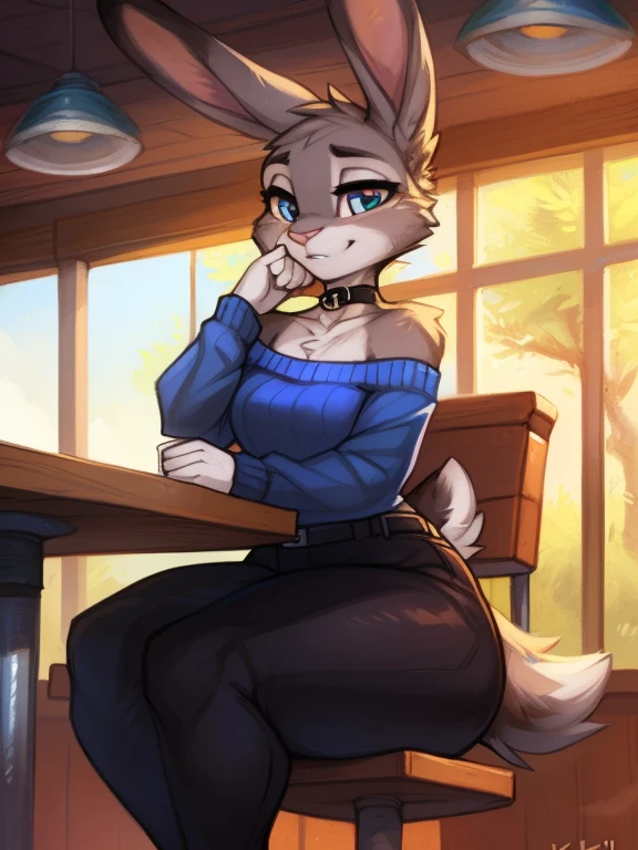fluff-kevlar, by Zackary911, by Kenket, by Kilinah, by fluff-kevlar, (masterpiece), (best quality), (anthro furry:1.3, snout:1.2, anthro:1.3, furry:1.2, solo female:1.2), (extremely detailed:1.3), (extremely detailed eyeuscular figure, thick figure), (wide hips), (thick thighs), (huge breastlack jeans, choker, wearing an off-shoulder sweater, day time, (coffee shop background), sitting in a booth, (perfect posture, king expression),