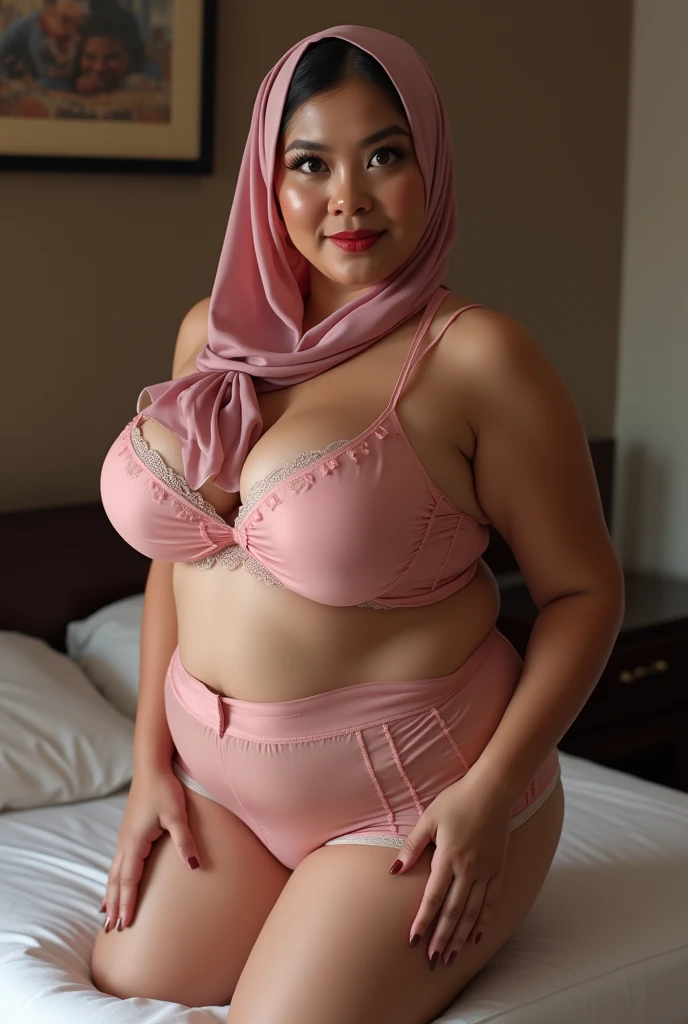 1 woman, woman wearing a hijab, Asian woman, charming, mature, voluptuous, big and round breasts, big hips, wearing a bikini, wearing a strap style bra, sitting on a wooden chair, in a traditional wooden house with lots of glass and flowers in pots