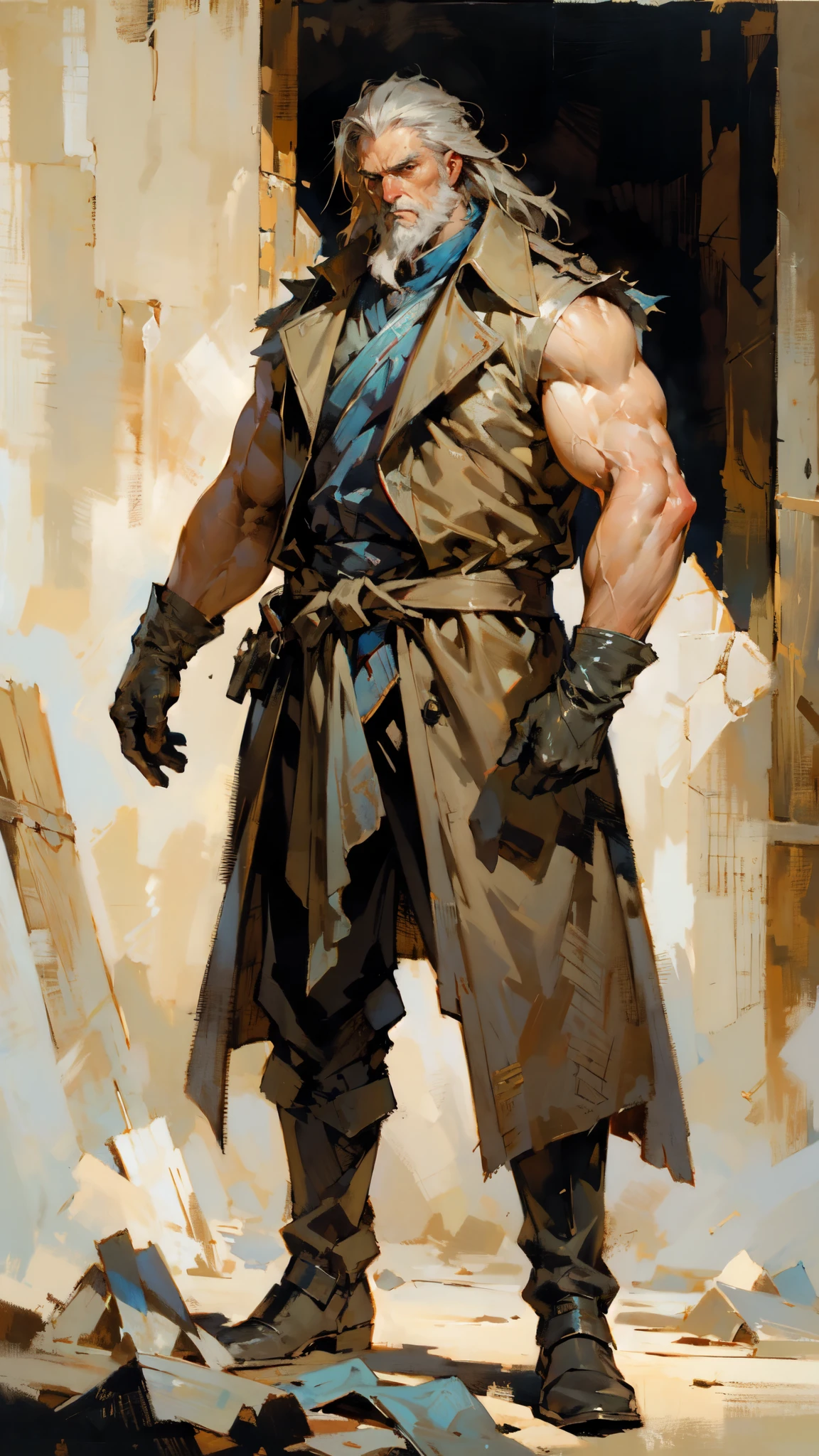 (masterpiece:1.2, best quality:1.2, extremely delicate:1.2), ((male:1.5)), an older man with medium-length long disheveled gray hair, 50 years old, sorrowful eyes, sharply defined facial features, full beard, tall and muscular physique, a simple two-piece fantasy-realism outfit, a pale yellow undershirt, a sleeveless long trench coat, long gloves, coarse fabric trousers, standing on a desolate battlefield, bowing his head in mourning, this character embodies a finely crafted fantasy-realism wuxia-style warrior in anime style, exquisite and mature manga+oil painting art style, dramatic, high definition, highres, ultra-detailed, ultra-fine painting, professional, perfect body proportions, golden ratio, anatomically correct, symmetrical face, extremely detailed eyes and face, high quality eyes, creativity, RAW photo, UHD, 32k, Natural light, cinematic lighting, (masterpiece-anatomy-perfect:1.2)