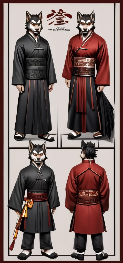  no background、Chinese-style werewolf character model sheet、 depicting the same character from 3 angles,