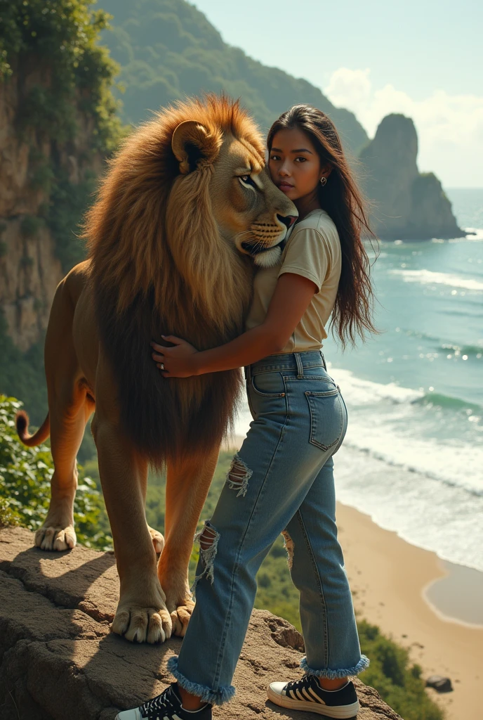 Girl between lion