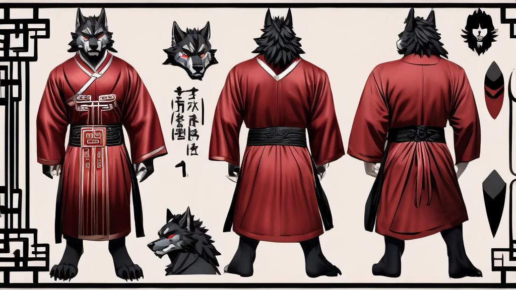  no background、Chinese-style werewolf character model sheet、 depicting the same character from 3 angles,